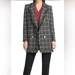 DKNY Plaid FringeTrim Topper Jacket Dark Romance Black White Size 12
